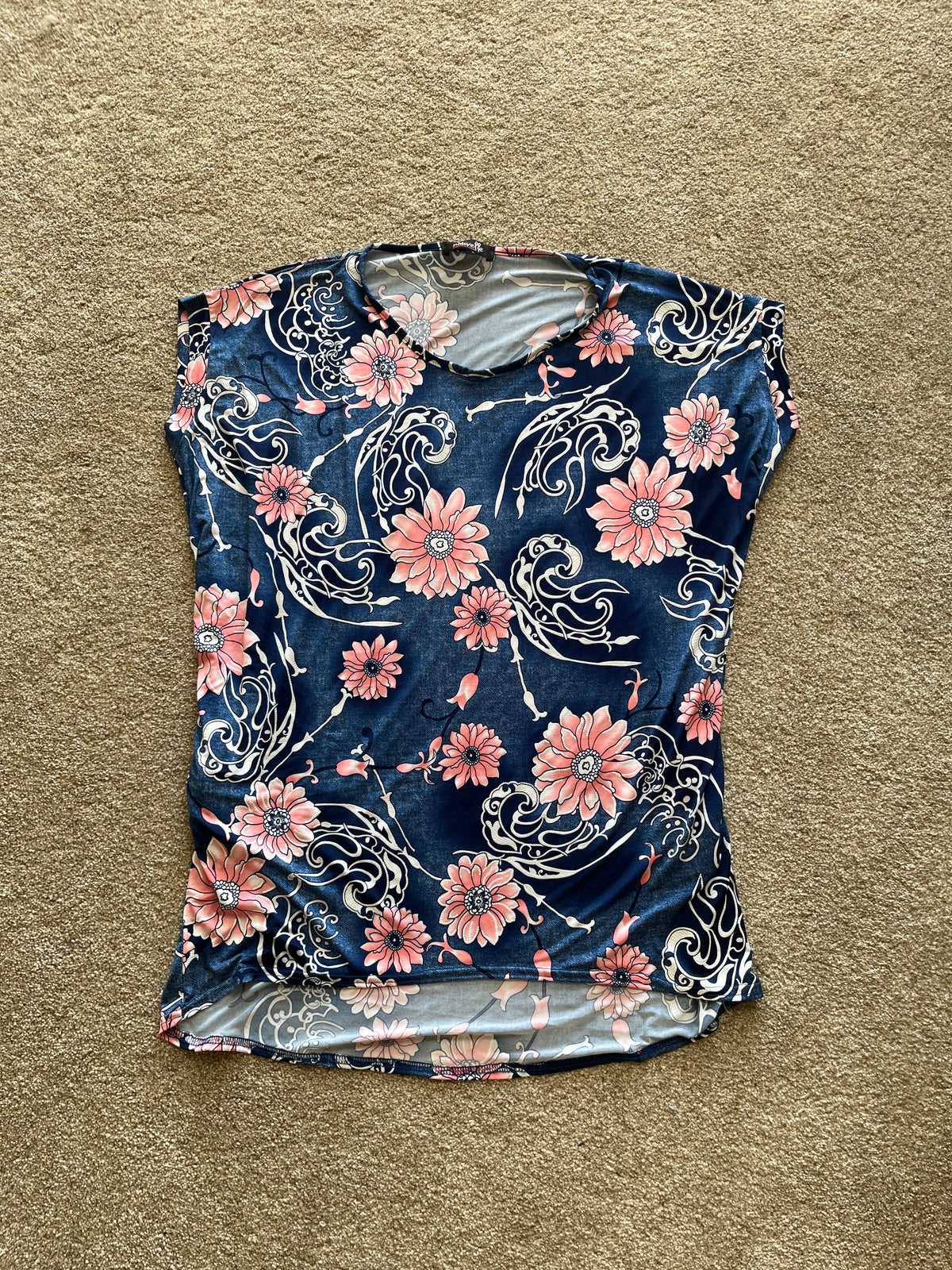 navy blue pink/blue flower pocket tops