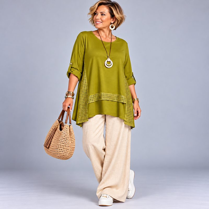 Loose Fitting Long Cotton Top with Lattice Panels & Hanky Hem