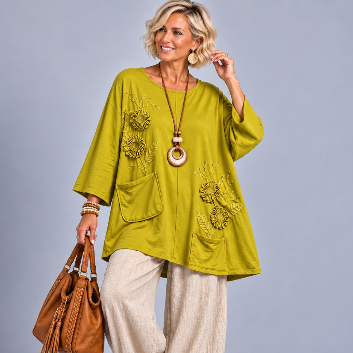 Loose Fitting Long Top with Pockets & Embroidery