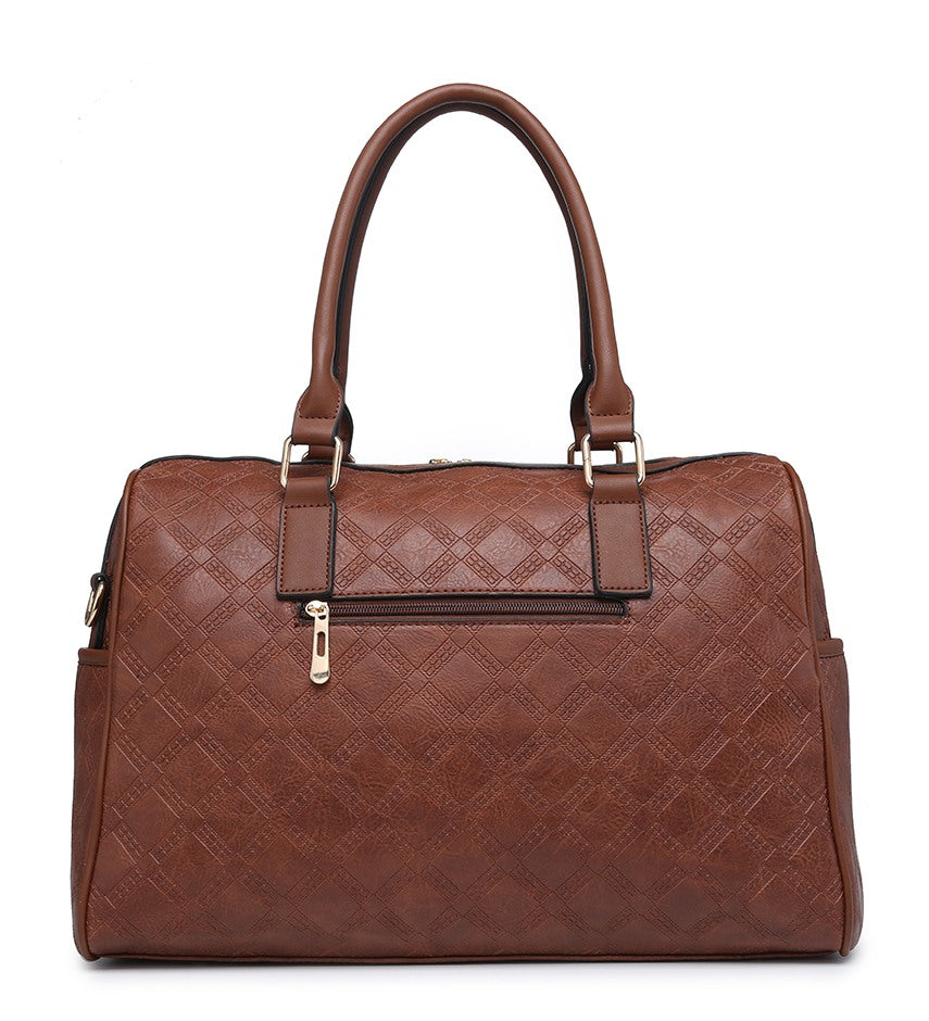 LARGE EMBOSSED HOLDALL OVERNIGHT BAG WITH GOLD METAL BROOCH