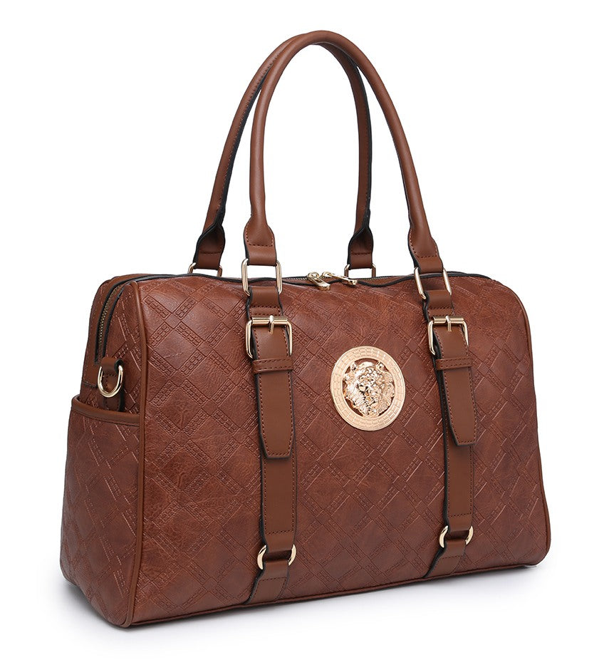 LARGE EMBOSSED HOLDALL OVERNIGHT BAG WITH GOLD METAL BROOCH