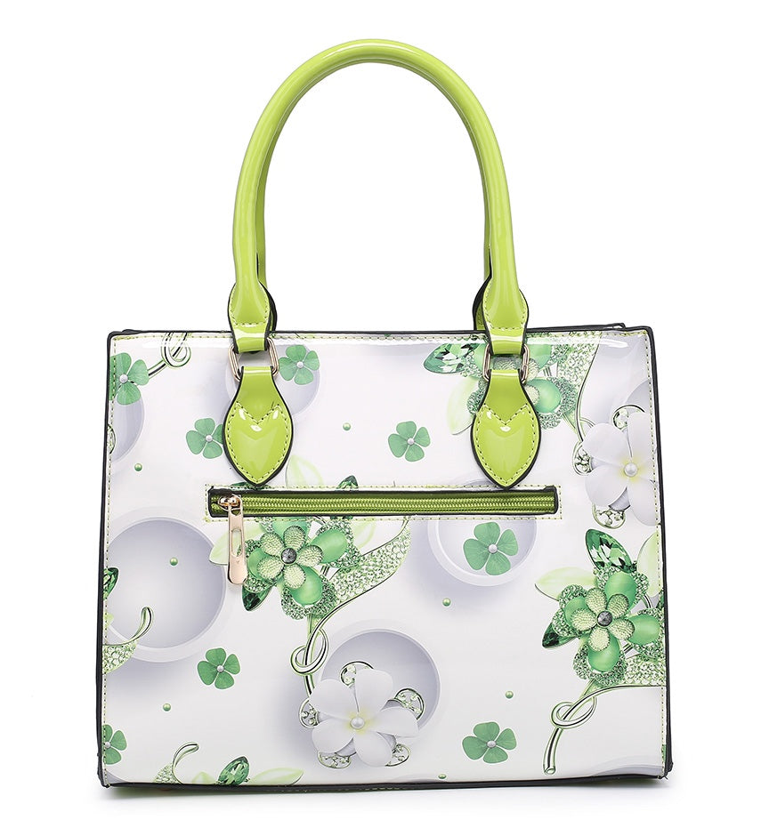 PATENT BRIGHT COLOURED SHINY FLORAL HANDBAG WITH SHOULDER STRAPS