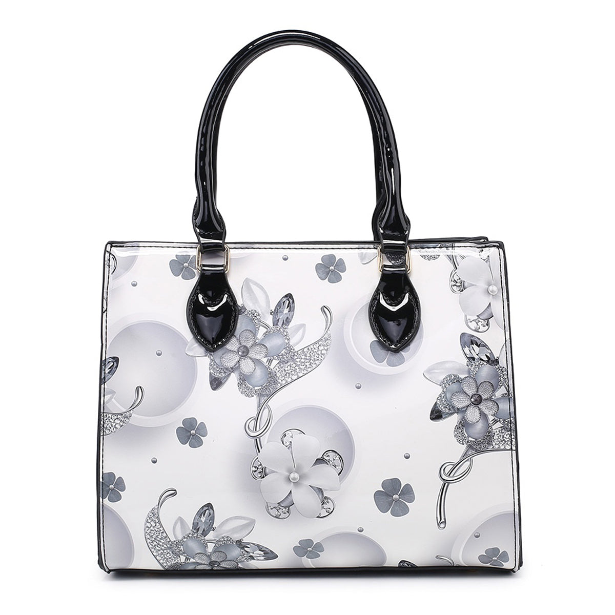 PATENT BRIGHT COLOURED SHINY FLORAL HANDBAG WITH SHOULDER STRAPS