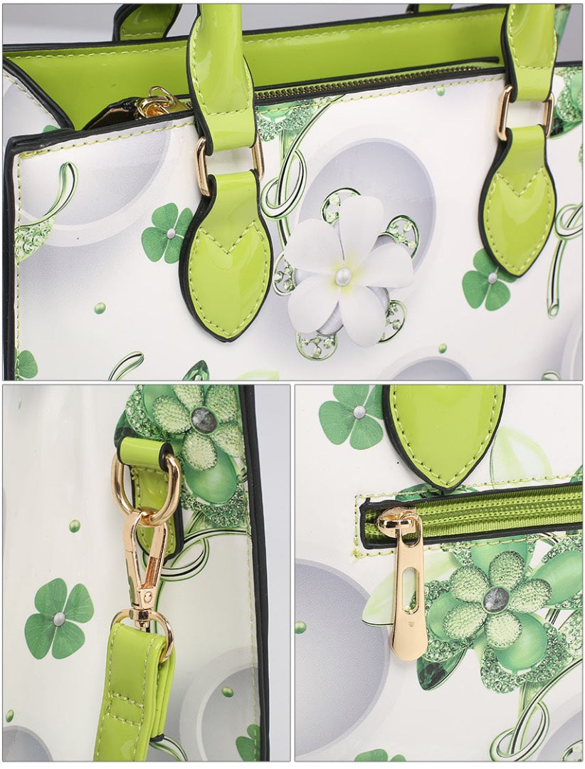 PATENT BRIGHT COLOURED SHINY FLORAL HANDBAG WITH SHOULDER STRAPS