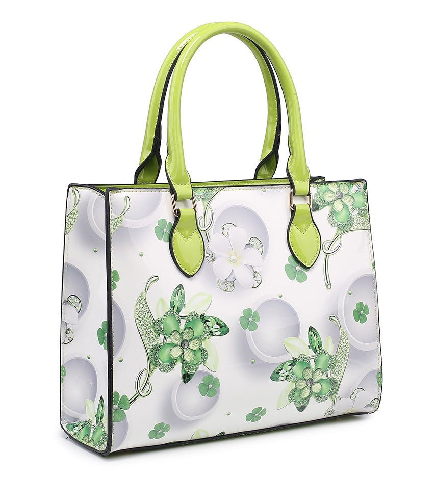 PATENT BRIGHT COLOURED SHINY FLORAL HANDBAG WITH SHOULDER STRAPS