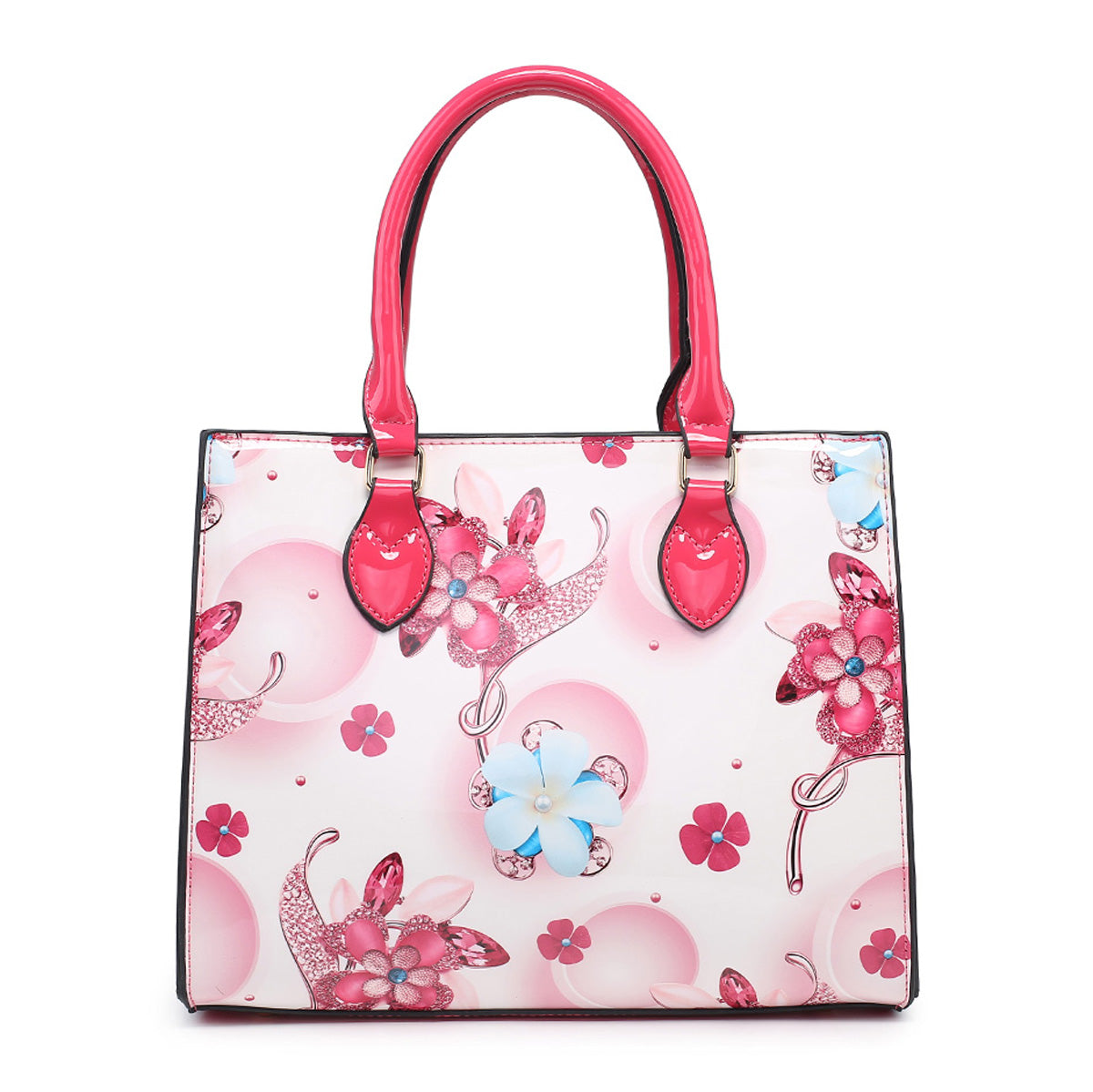 PATENT BRIGHT COLOURED SHINY FLORAL HANDBAG WITH SHOULDER STRAPS