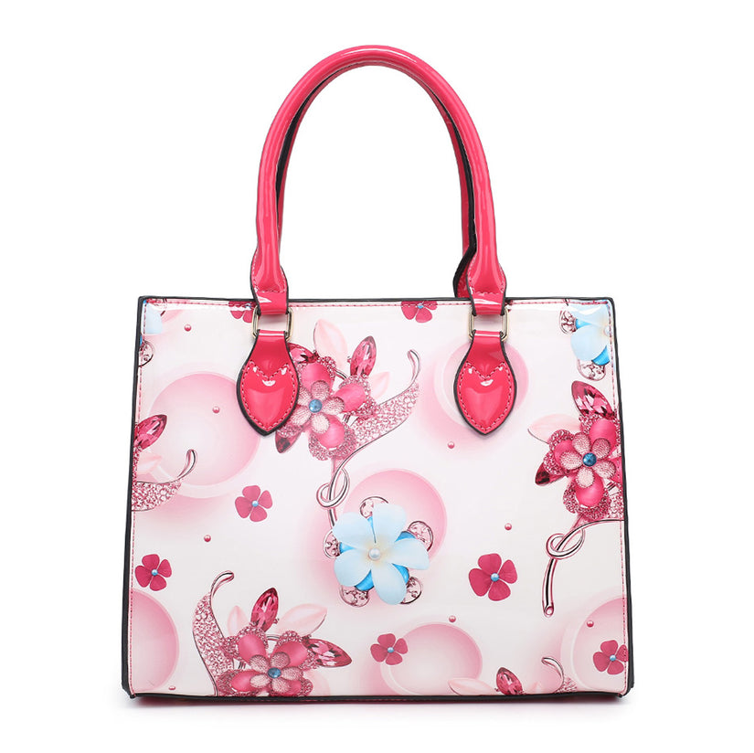 PATENT BRIGHT COLOURED SHINY FLORAL HANDBAG WITH SHOULDER STRAPS