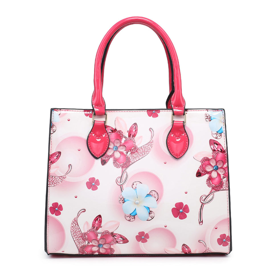 PATENT BRIGHT COLOURED SHINY FLORAL HANDBAG WITH SHOULDER STRAPSFuchsia / ONE SIZE