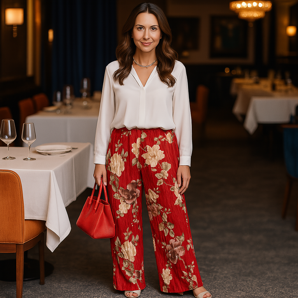 Red Floral Crinkle Pleated Trousers
