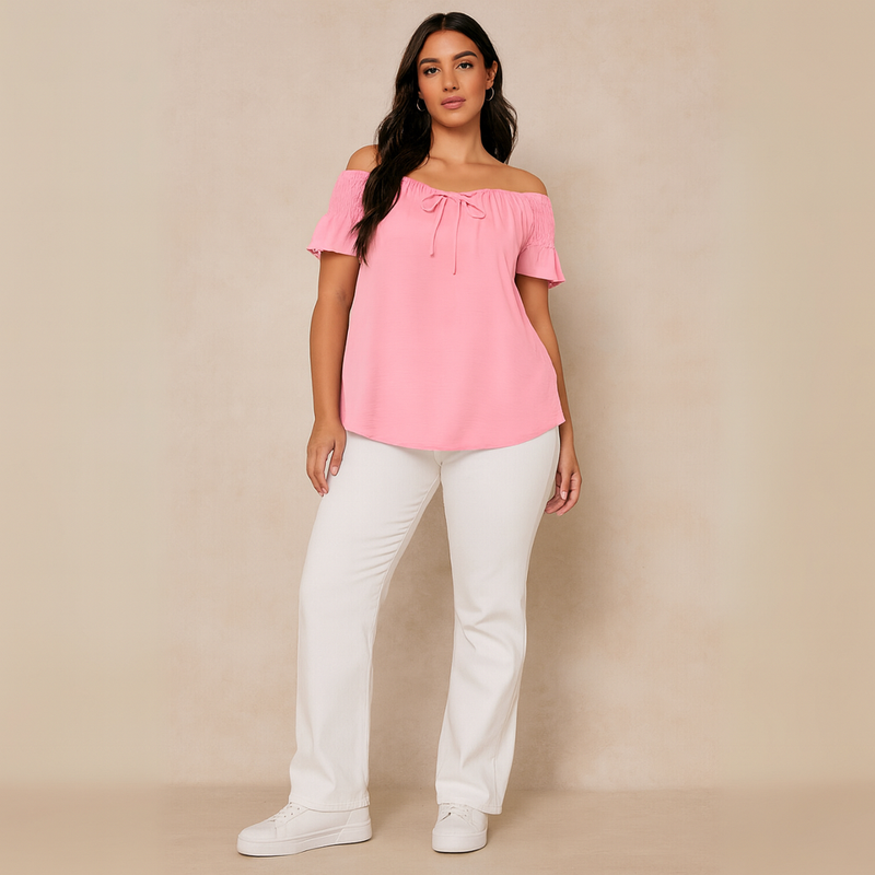 Smocked Shoulder Short Sleeve Blouse