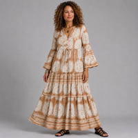 Bell Sleeve V-Neck Maxi Dress with Drawstring Waist