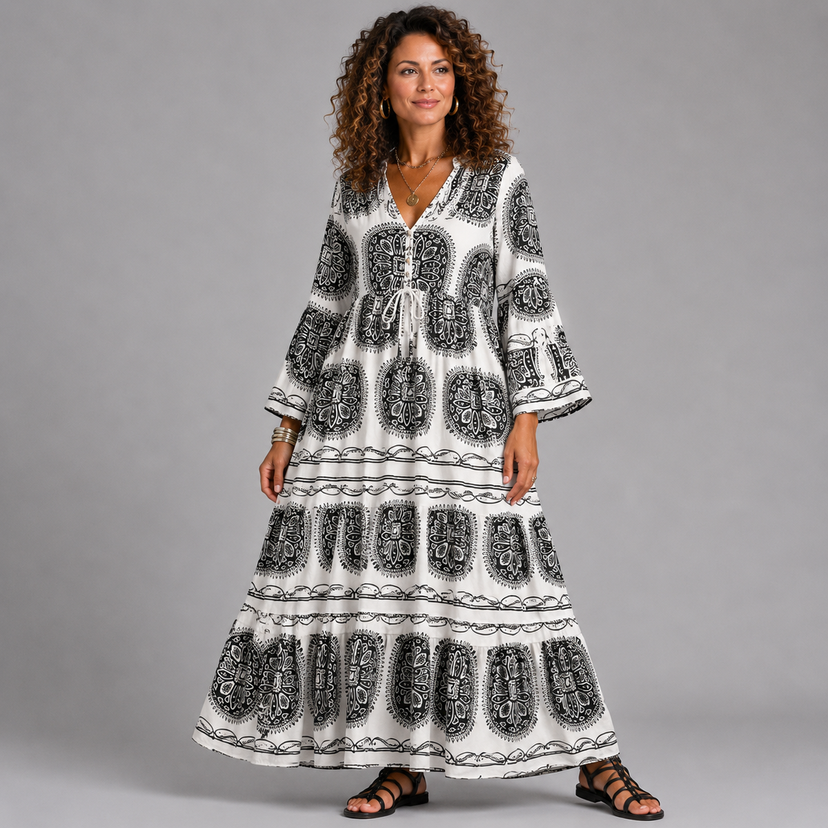 Bell Sleeve V-Neck Maxi Dress with Drawstring Waist