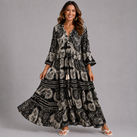 V-Neck Boho Maxi Dress with Tassel Drawstring Waist