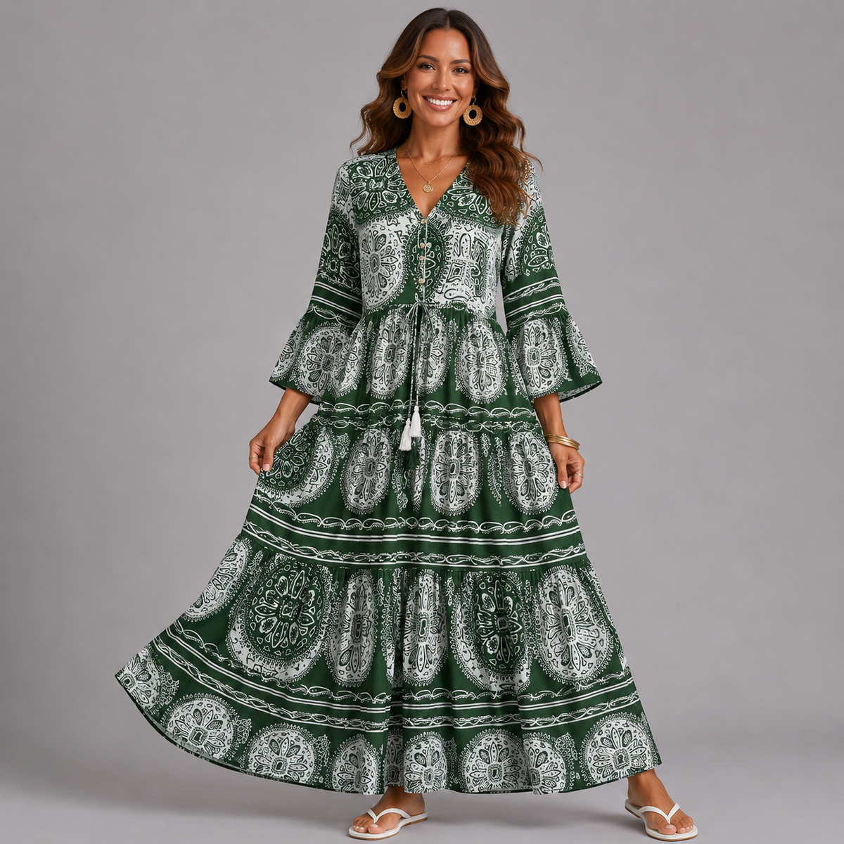 V-Neck Boho Maxi Dress with Tassel Drawstring Waist