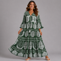 V-Neck Boho Maxi Dress with Tassel Drawstring Waist