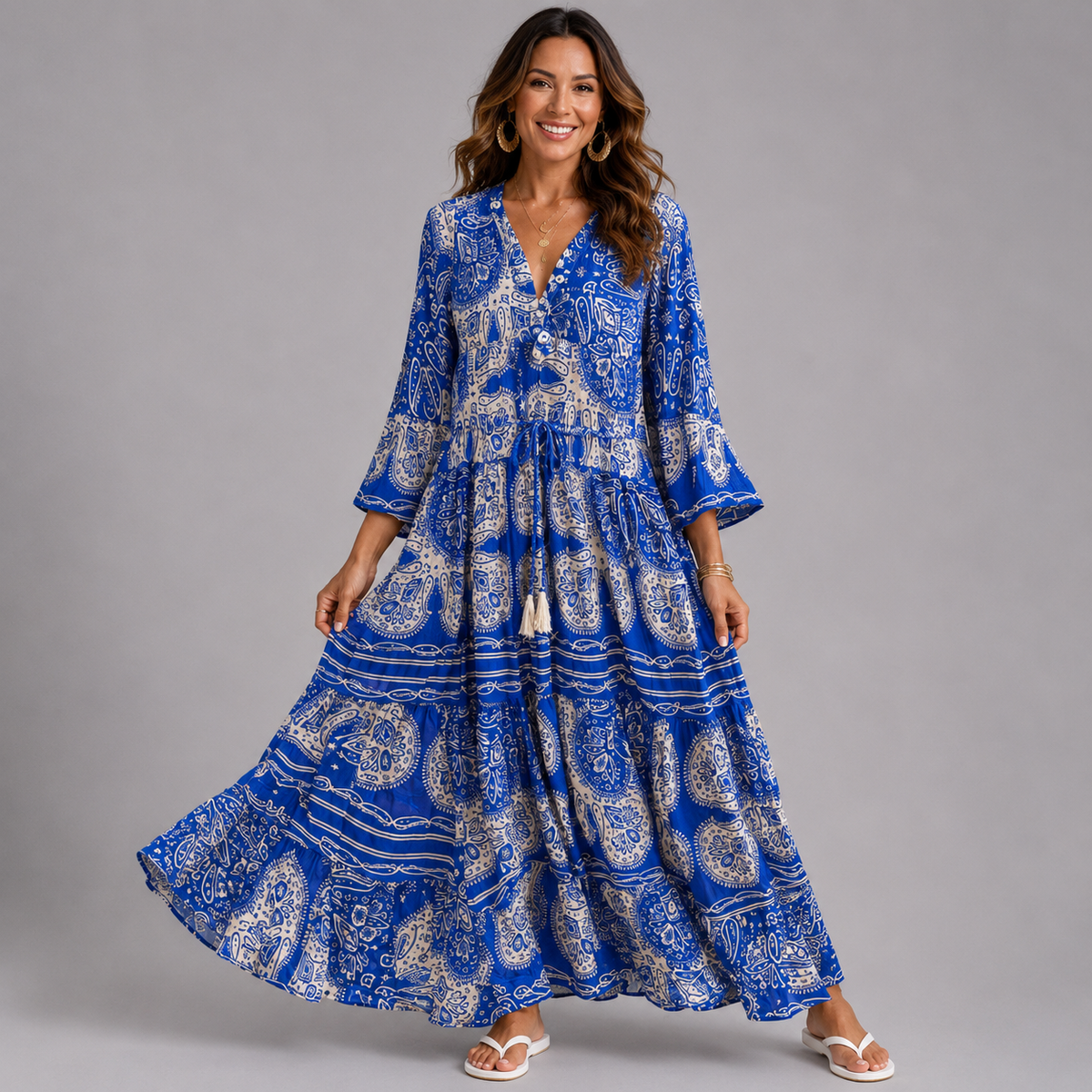 V-Neck Boho Maxi Dress with Tassel Drawstring Waist