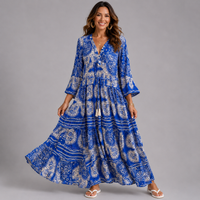 V-Neck Boho Maxi Dress with Tassel Drawstring Waist