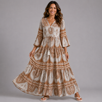 V-Neck Boho Maxi Dress with Tassel Drawstring Waist