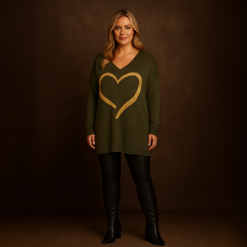 OVERSIZED V-NECK JUMPER WITH LARGE GOLD HEART