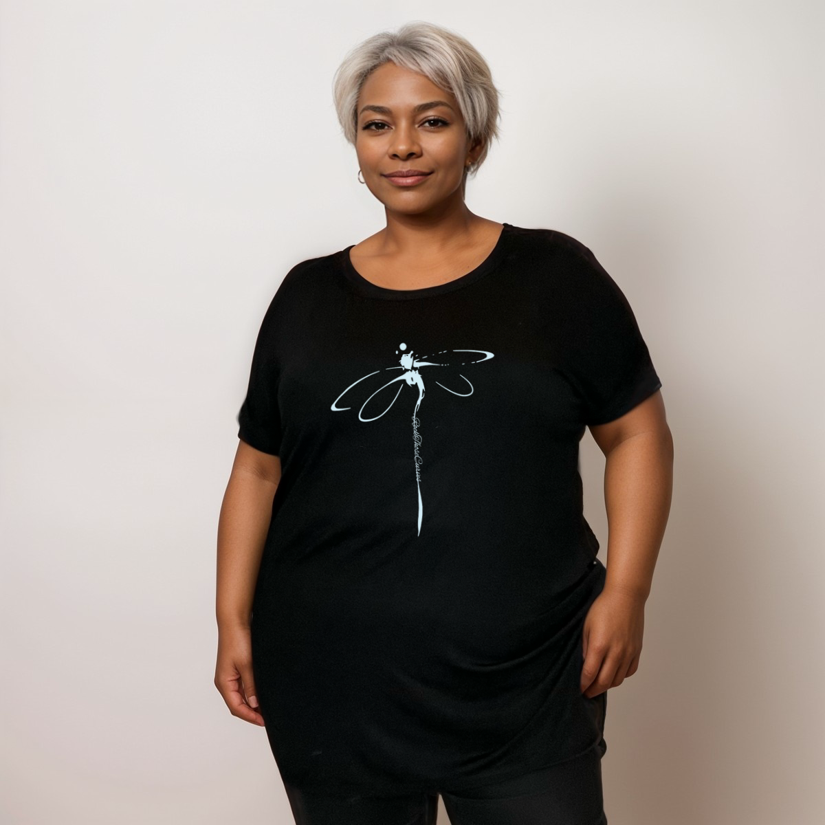 Plus‑Size Coloured Dragonfly Short Sleeve Dipped Hem T‑Shirt
