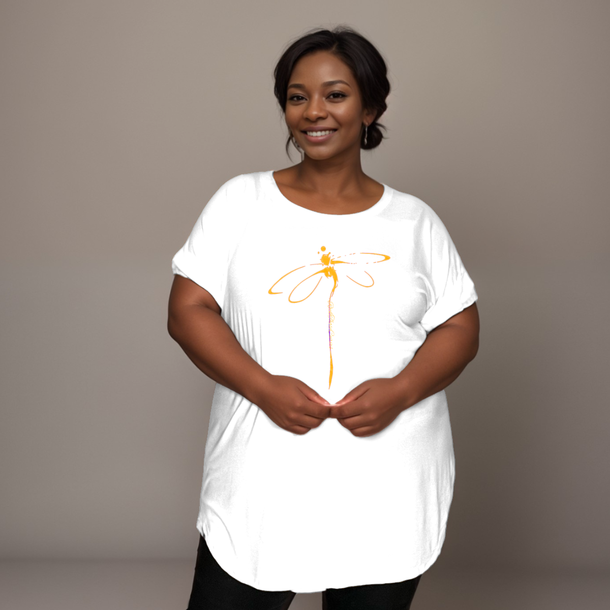 Plus‑Size Coloured Dragonfly Short Sleeve Dipped Hem T‑Shirt