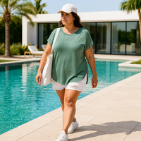 Plain Dipped Hem T-shirt with Roll Cap Sleeves