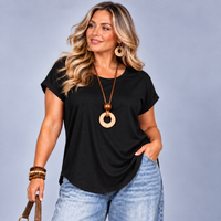Plain Dipped Hem T-shirt with Roll Cap Sleeves