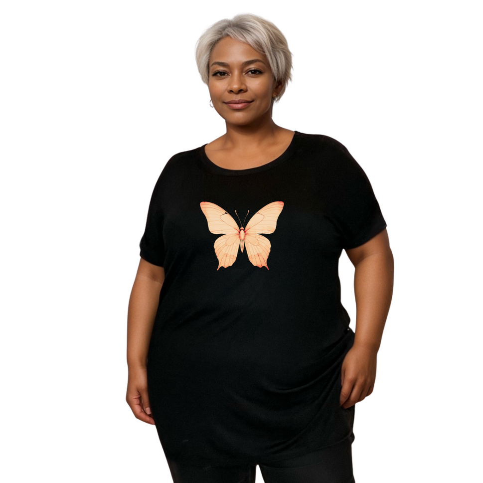 BLACK DIPPED HEM T-SHIRT WITH PASTEL BUTTERFLYBLACK ORANGE / UK 14