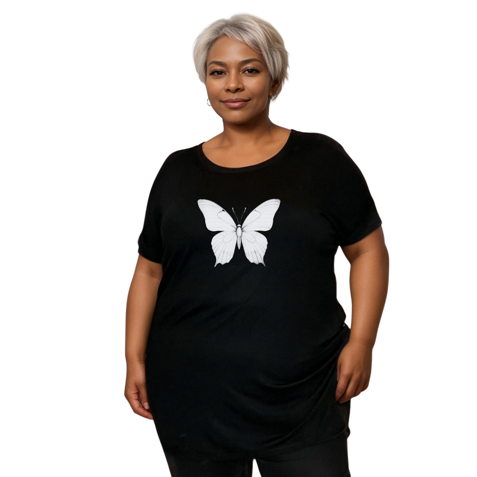 BLACK DIPPED HEM T-SHIRT WITH PASTEL BUTTERFLYBLACK WHITE / UK 14