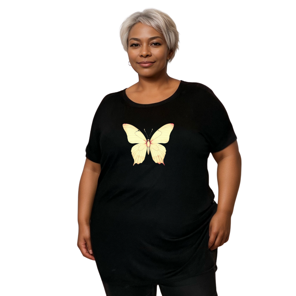 BLACK DIPPED HEM T-SHIRT WITH PASTEL BUTTERFLYBLACK YELLOW / UK 14