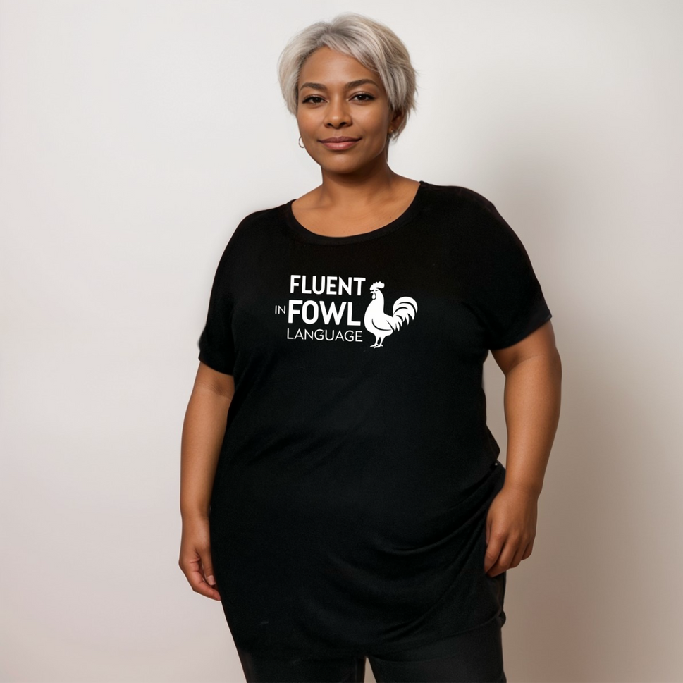 BLACK FLUENT IN FOWL LANGUAGE T-SHIRTBLACK WHITE / UK 14