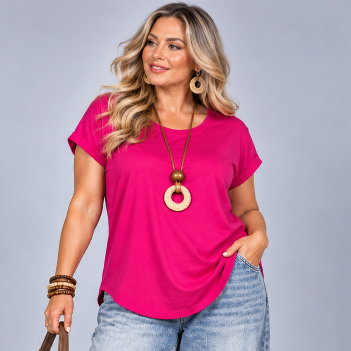 Plain Dipped Hem T-shirt with Roll Cap Sleeves