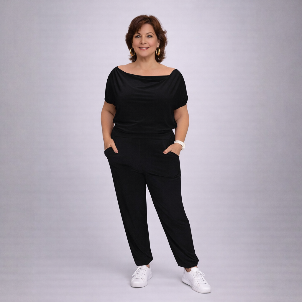 Plain Cowl Neck Jumpsuit with Pockets