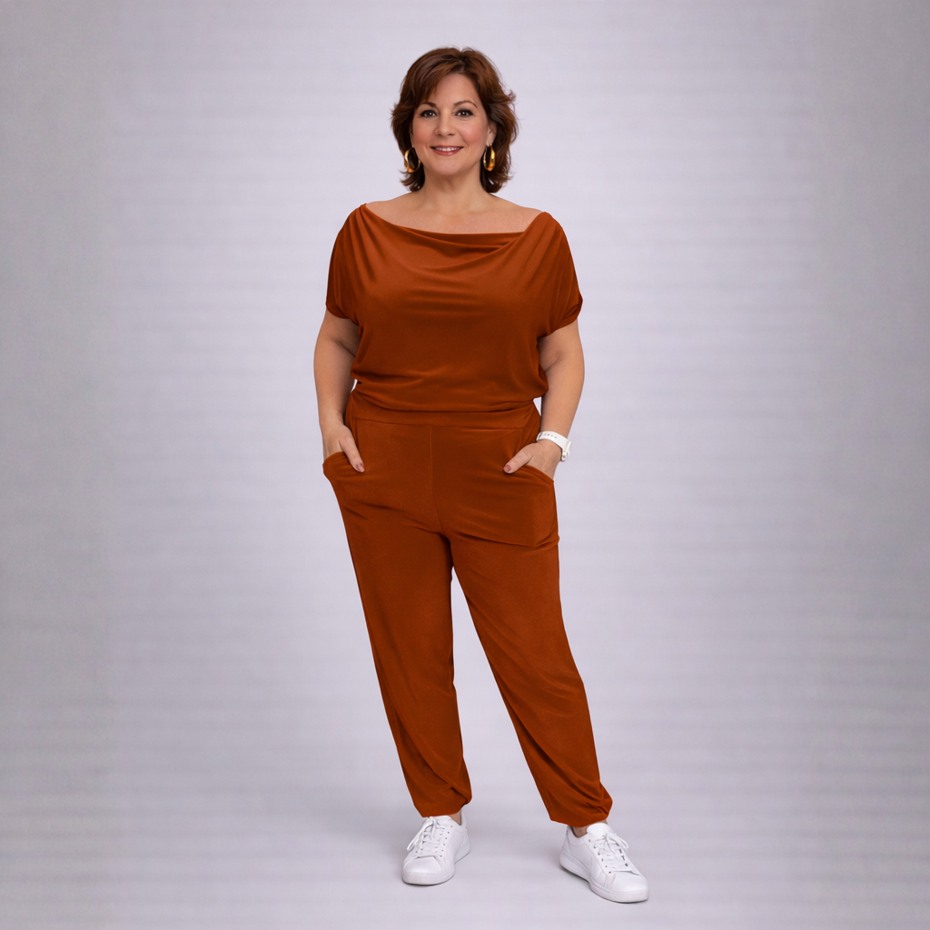 Plain Cowl Neck Jumpsuit with Pockets