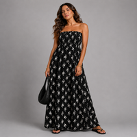 Black White Skulls Strapless Boob Tube Maxi Dress