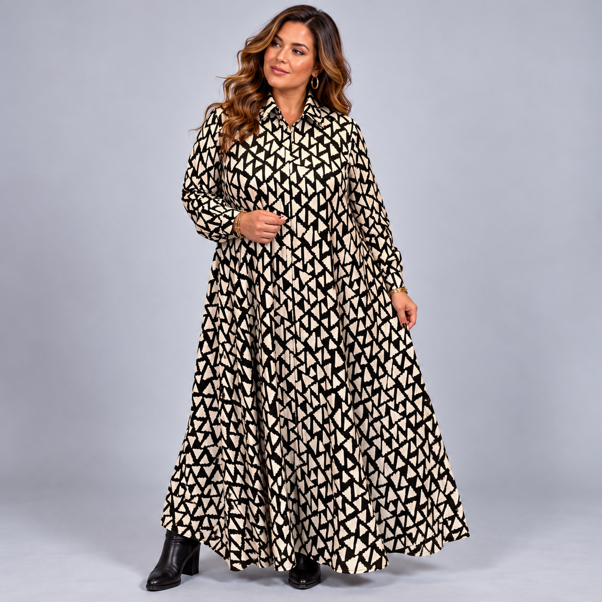 Black & Cream Triangle Print A-Line Maxi Shirt Dress
