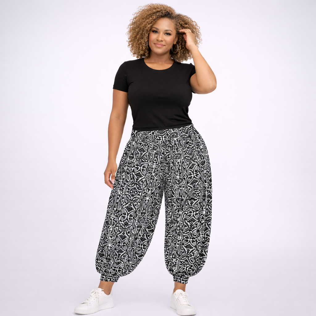 Black White Paisley Print Wide Leg Harem Pants