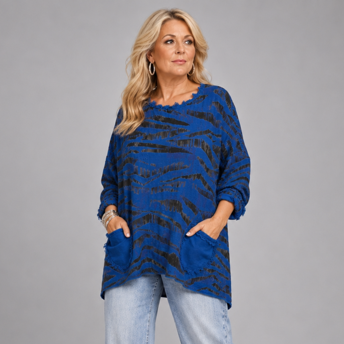 Royal Blue / Grey Dipped Hem Top with Front Pockets