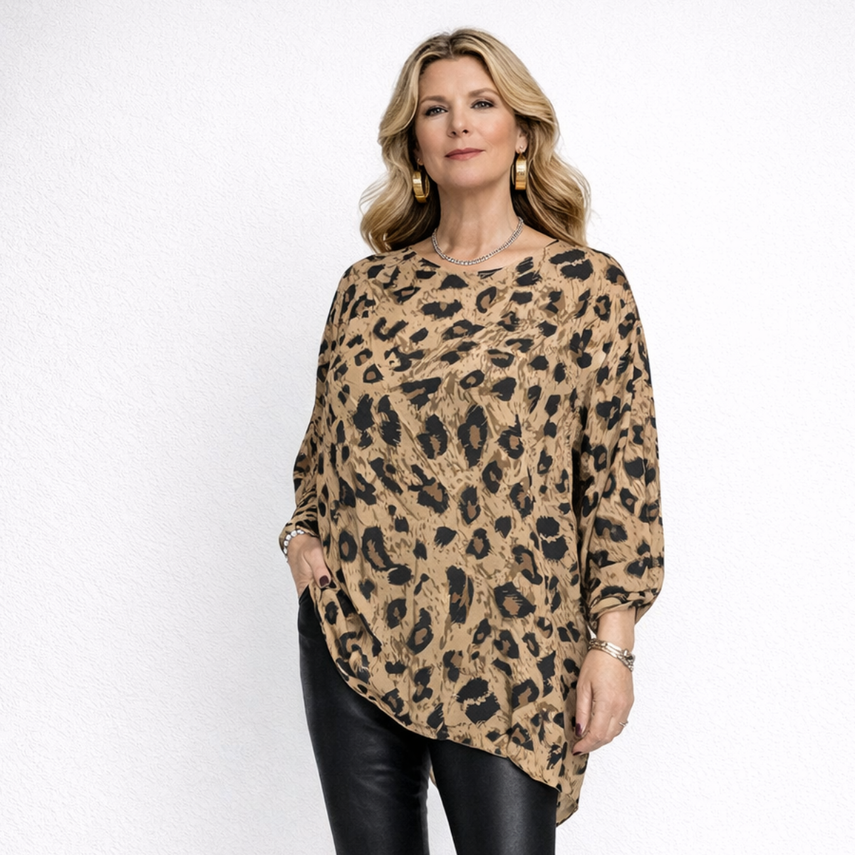 Bold Animal Print Batwing Dipped Hem Blouse