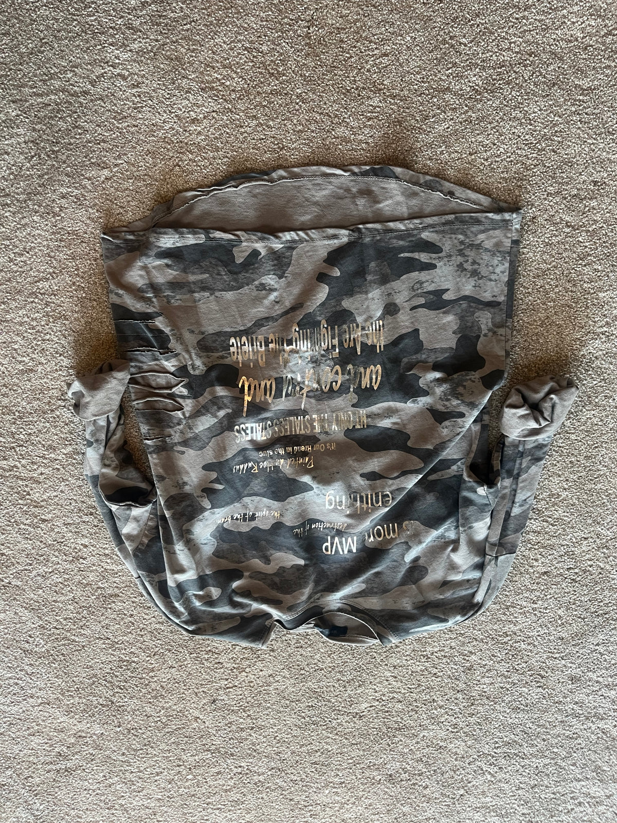 Grey Camouflage print top with writing