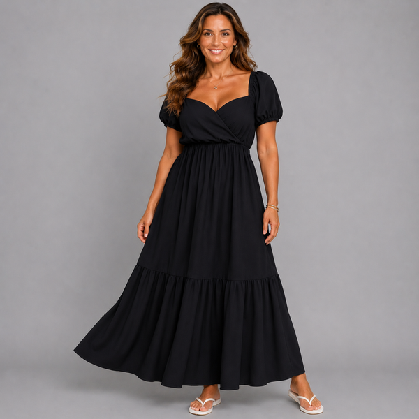 Sweetheart Neck Frilled Hem Plain Maxi Dress