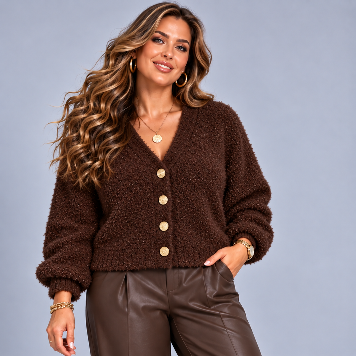 Soft Fluffy Gold Button Cardigan
