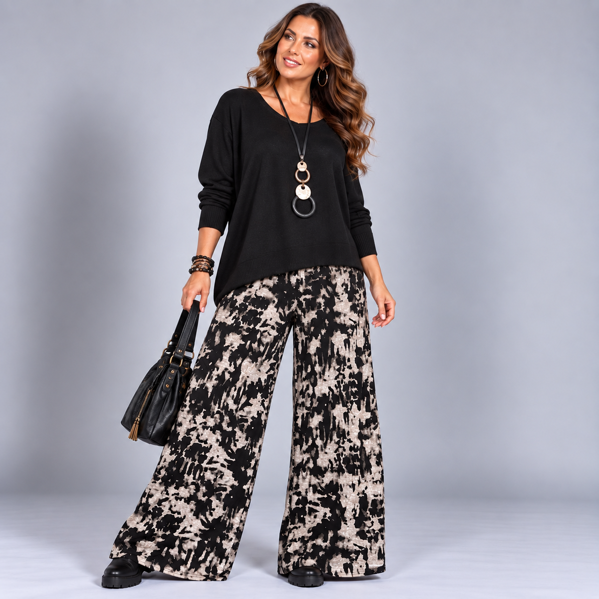 Black Grey Splash Print Wide Leg Palazzo Trousers