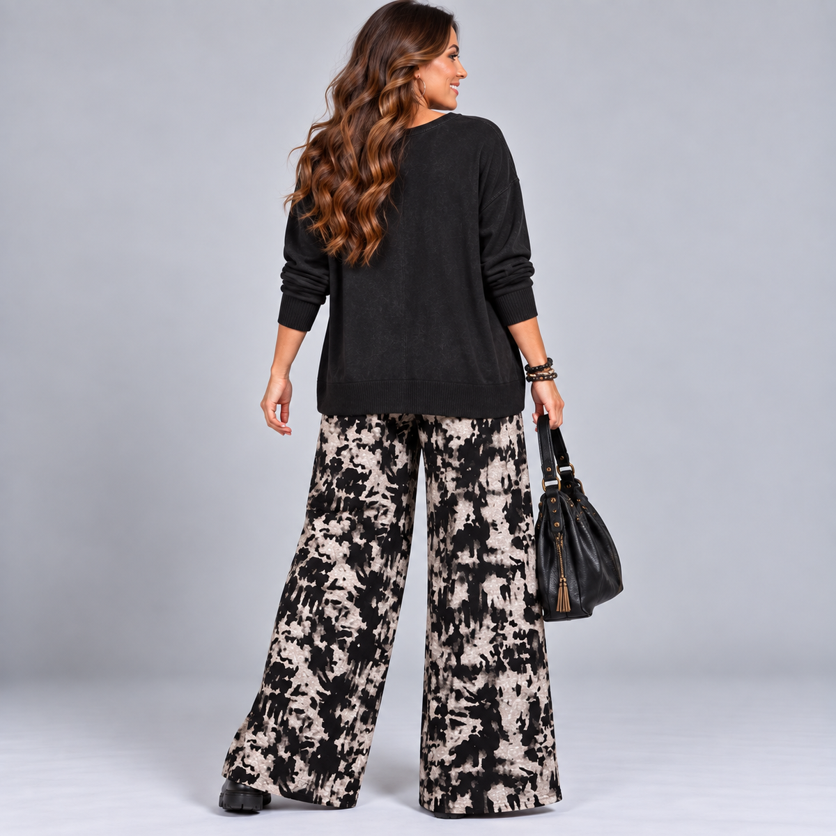 Black Grey Splash Print Wide Leg Palazzo Trousers