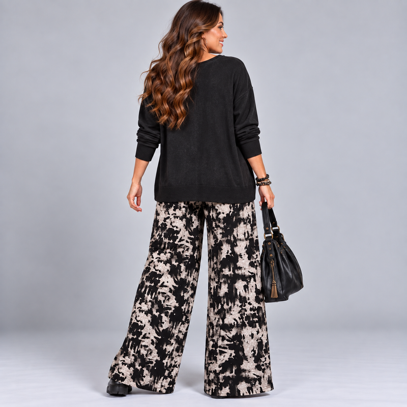 Black Grey Splash Print Wide Leg Palazzo Trousers