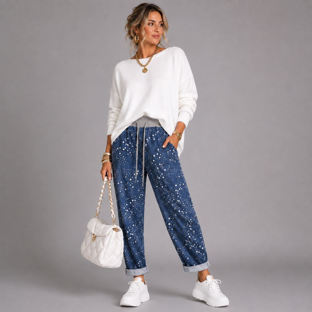 Blue Stonewashed Joggers with Small Star Print
