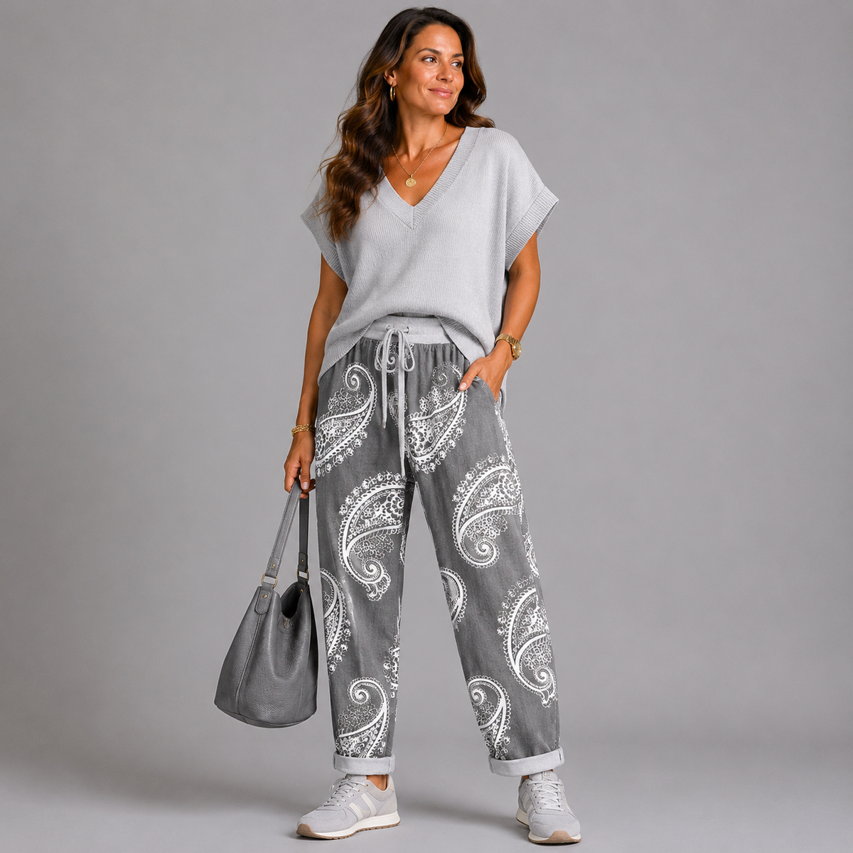 Stonewashed Paisley Elastic Waist Joggers