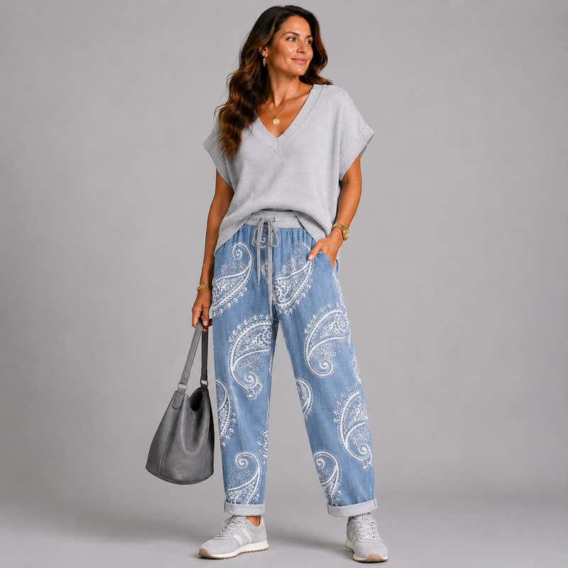 Stonewashed Paisley Elastic Waist Joggers