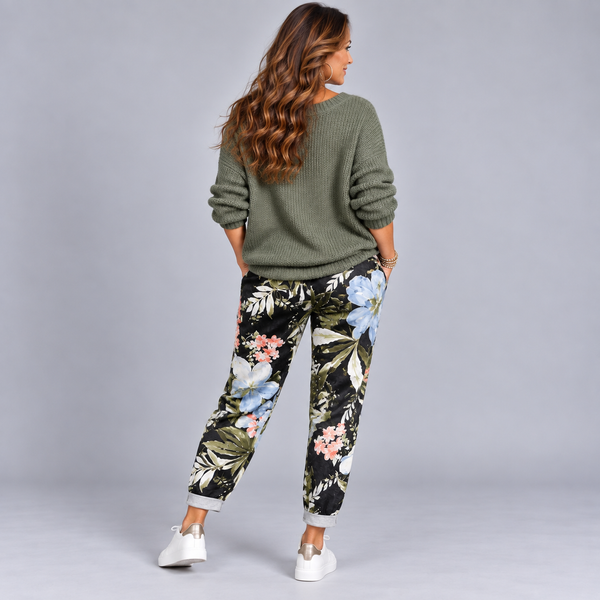 Black & Sky Blue Floral Joggers with Pockets