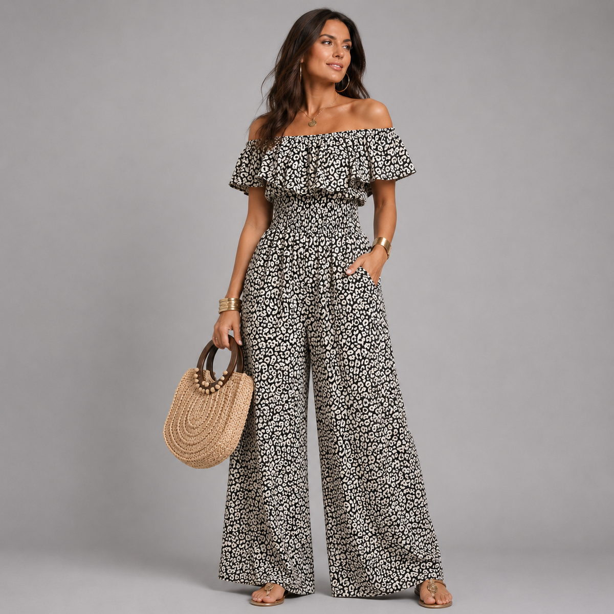 Black White Bardot Wide Leg Jumpsuit With Pocket